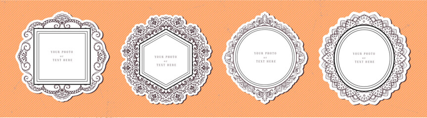Hand drawn photo holder vintage kid frame. Mirror antique ornamental borders. Black outline picture collection in vector retro decorative style.  © lubashka