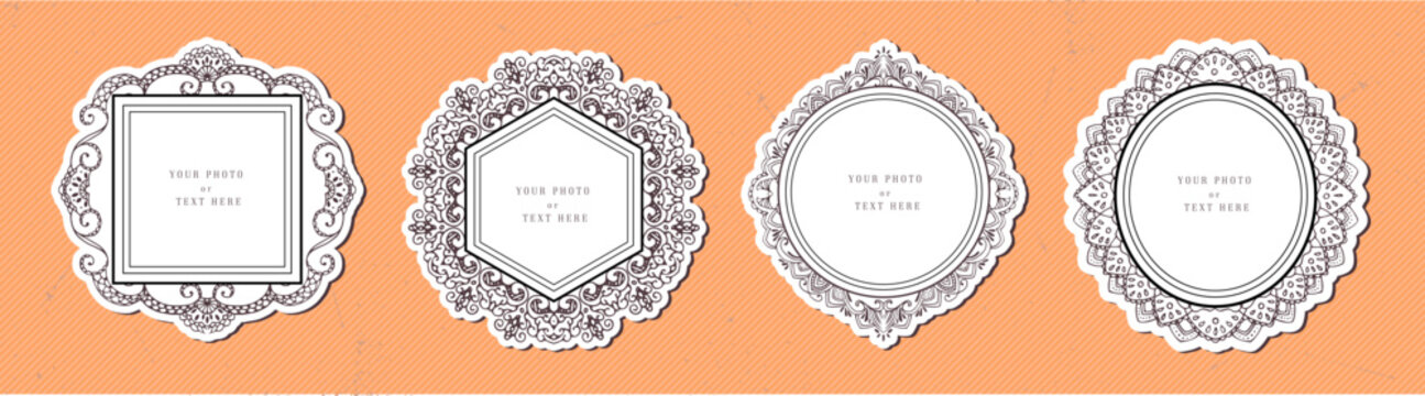 Hand drawn photo holder vintage kid frame. Mirror antique ornamental borders. Black outline picture collection in vector retro decorative style. 