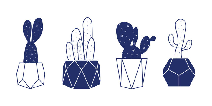 Minimal cactus illustration set in geometric pots modern vector design