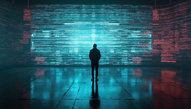 Person stands before large digital screen with abstract data streams. Futuristic technology and information overload theme. Digital data flow concept.