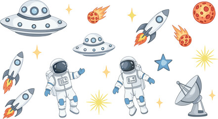 Space Exploration Collection with Astronauts, UFOs, Rockets, Asteroids, Stars, and Satellite for Science Fiction, Space, and Kids Illustration Project © Ismail