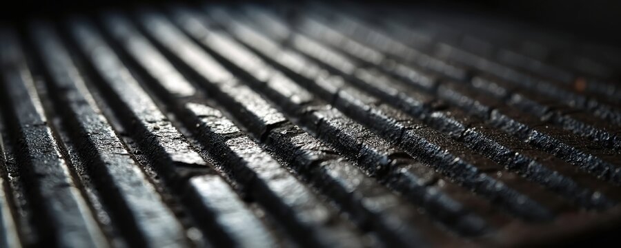 Dark cast iron grill surface with clean parallel ridges. Subtle light creates shadow play on the ribbed texture. Ready for cooking food. Minimalist background design.