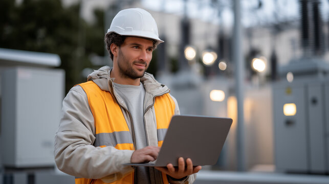 Utility worker in hard hat programming distribution automation equipment at outdoor substation with laptop connected to intelligent switching devices during infrastructure upgrade, ideal for grid en