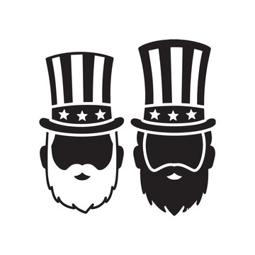 Two Stylized Black Silhouette Icons Featuring Patriotic Uncle Sam Hats With Mustaches. 