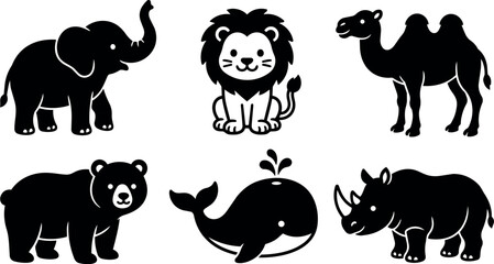 Fototapeta premium Black and white flat design animal silhouettes elephant lion camel bear whale rhinoceros