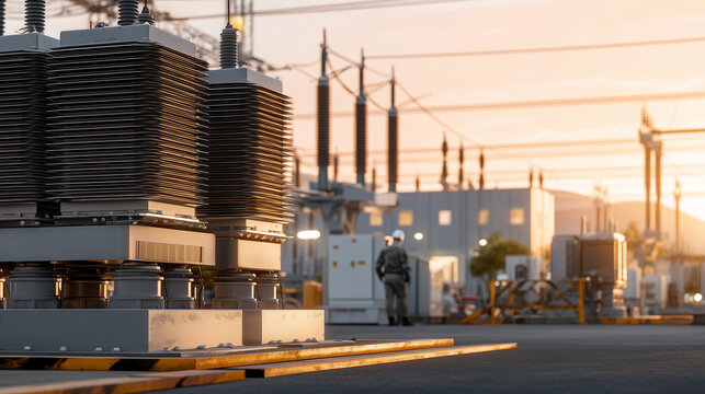 Reinforced concrete bundles protecting fiber optic cables beneath urban power grid facility with security personnel monitoring access points at dawn, ideal for critical infrastructure resilience ind