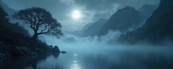 Misty mountain lake scene under full moon. Bare tree on rocky shore. Fog rolls over water and hills. Serene night landscape with dark silhouette. Peaceful atmosphere.