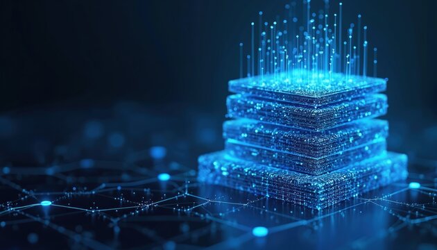 Abstract digital network of glowing lines and nodes. Stacked layers of luminous circuits with data streams ascending. Technology and information processing concept in dark blue.