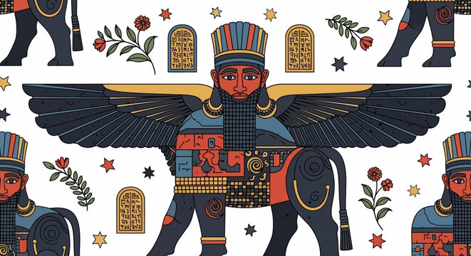 Ancient Mesopotamian Mythology Seamless Pattern with Winged Lamassu Bull, Cuneiform Tablets, and Stars in Flat Vector Illustration Style
