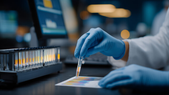 Process of mRNA quality control technician examining chromatography printout showing purity peaks while vaccine doses move along automated filling line behind sterile glass partition, ideal for phar