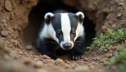Fototapeta premium European badger peeks out from underground sett. Black and white mammal with distinctive stripes on face rests near dirt hole entrance. Wild animal near green grass.