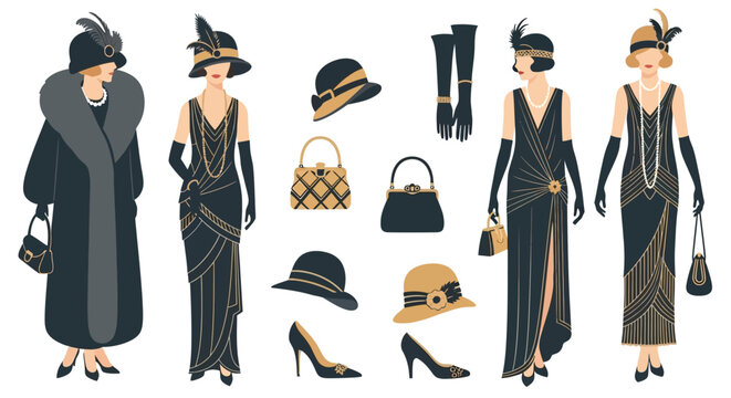 Vintage 1920s Flapper Fashion Set with Elegant Women, Gatsby Style Dresses, Cloche Hats, and Art Deco Accessories in Black and Gold