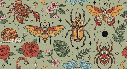 Mystical Insects and Floral Seamless Pattern with Moth, Beetle, Scorpion, Spider and Roses in Neo-Traditional Tattoo Style © Rayan