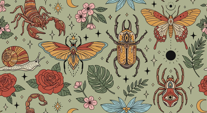 Mystical Insects and Floral Seamless Pattern with Moth, Beetle, Scorpion, Spider and Roses in Neo-Traditional Tattoo Style