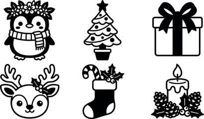 Fototapeta premium Black and white christmas icons with penguin reindeer tree gift candle and stocking