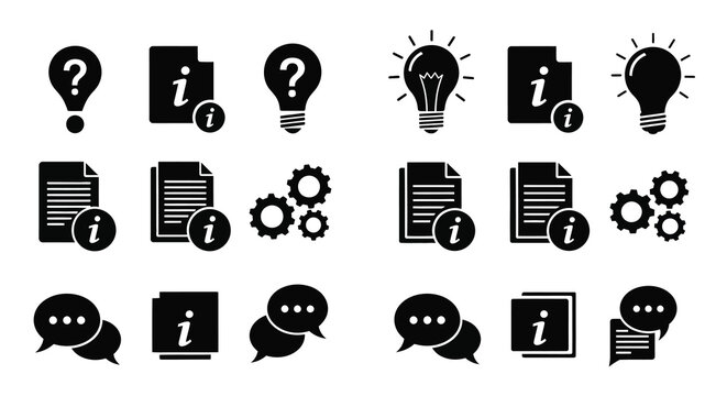 Black icon set representing ideas information and problem solving silhouette