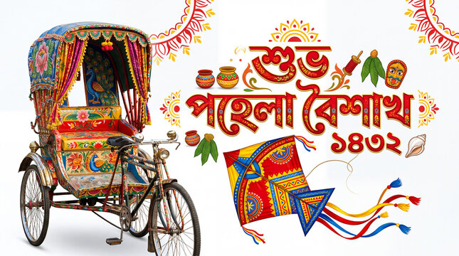 Traditional decorated rickshaw and cultural symbols celebrate Bengali New Year festival