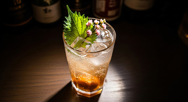 Umeshu Soda, Sparkling Drink, umeshu soda sparkling drink with shiso leaf, light fresh floral, Dark Izakaya, Flatlay view