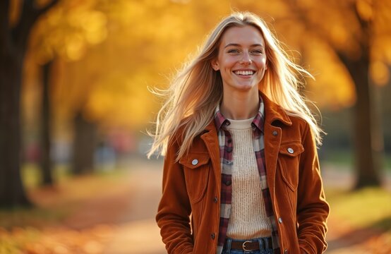 Young woman walks in autumn park. She smiles happily, wearing stylish velvet jacket, flannel shirt and sweater. Blonden hair blows in wind. Golden leaves on trees.