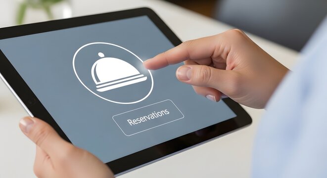A person making an online restaurant reservation on a tablet