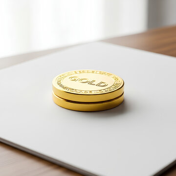 Closeup of two shiny gold coins stacked on a white surface.