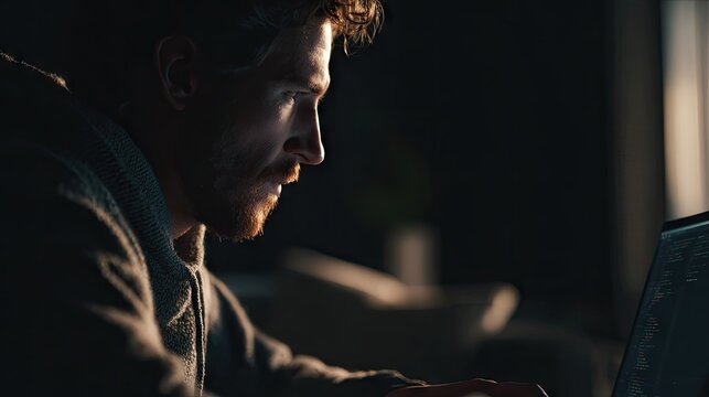 Man focused on laptop screen under dim lighting