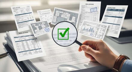 Plakat A person examining documents with a magnifying glass and verifying information