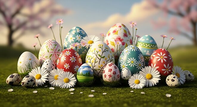 Colorful Easter eggs and flowers on green grass