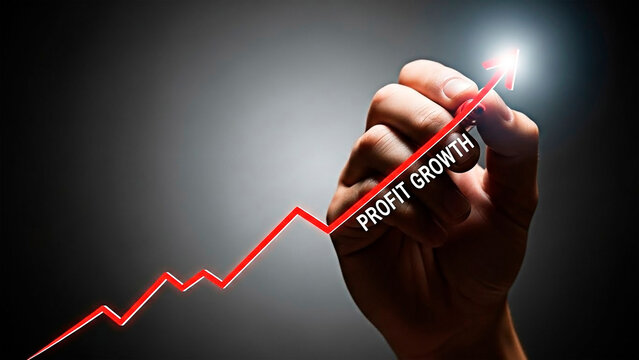 A hand drawing a rising profit growth graph with a glowing red line