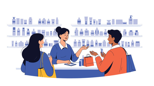 Friendly female pharmacist assisting customers at a drugstore counter with shelves full of medical products behind.