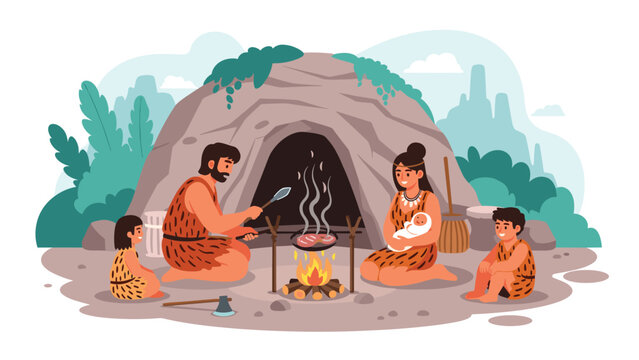 Prehistoric caveman family gathering around a campfire to cook meat in front of their rocky cave dwelling in nature.
