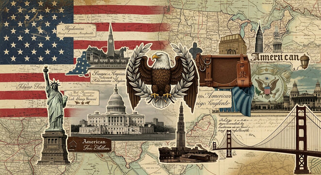 Retro Vintage Americana Collage Art - America 250th Anniversary, Historical Patriotism Design, Faded Flag, Eagle, Maps.