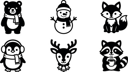 Fototapeta premium Black and white winter animals and snowman vector icons with scarves and earmuffs
