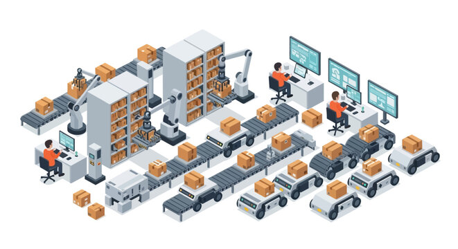 Isometric Smart Factory Automated production with robotic arms, conveyor belts, AGVs, and operators managing industrial logistics