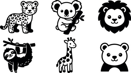 Fototapeta premium Black and white cute animal icons leopard koala lion sloth giraffe panda vector art