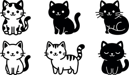 Obraz premium Black and white cute cat icons set with sitting and curled poses vector art