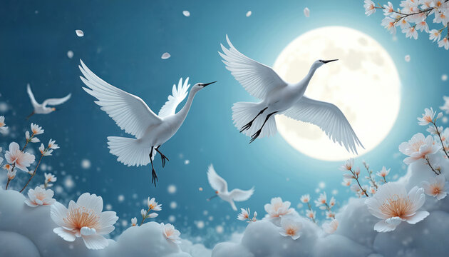 White cranes fly near full moon among soft clouds and paper flowers. Birds soar gracefully across tranquil night sky with gentle blossoms floating down. Peaceful avian scene inspires calm and beauty.