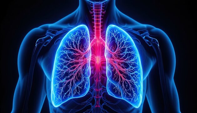 Detailed Medical Illustration of Human Lungs and Torso in Blue and Red Showing Respiratory System