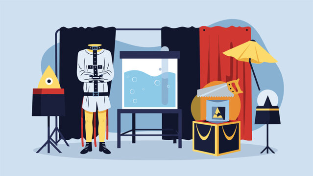 Collection of magician stage props including a water tank for escape acts, a straitjacket, a large saw, and mysterious boxes behind curtains.