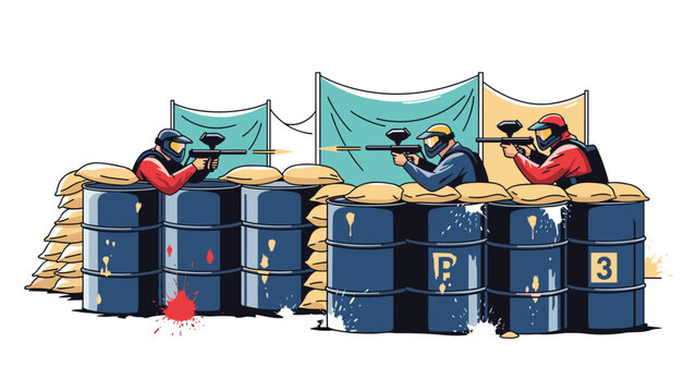 Group of paintball players in protective gear taking cover behind blue barrels and firing their markers during an intense competition.