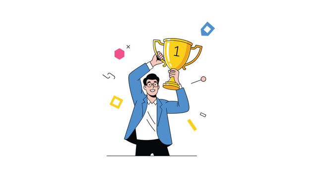 Successful businessman character wearing glasses and a blue jacket holds a large golden trophy high in celebration of his victory.