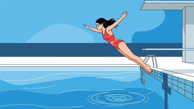 Female swimmer in a red swimsuit dives gracefully into a blue swimming pool from a diving board under a clear sunny sky.