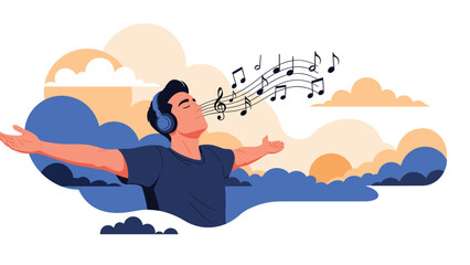 Obraz premium Young man with eyes closed wears headphones and sings with joy while musical notes float in the air against a cloudy sky.
