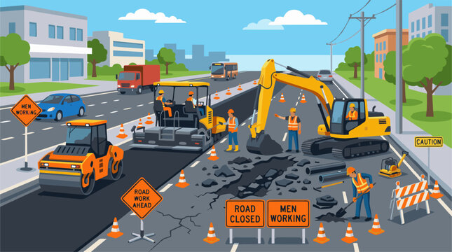 Road repair with excavator, roller, and workers on city highway