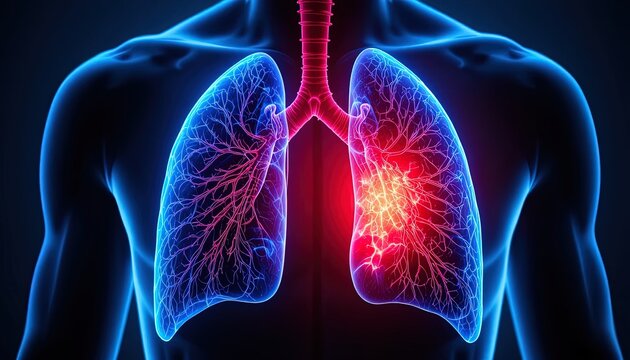 Human Lungs Anatomy Illustration with Highlighted Disease Area, Medical Visualization, Anatomical Structure, Healthcare Graphic
