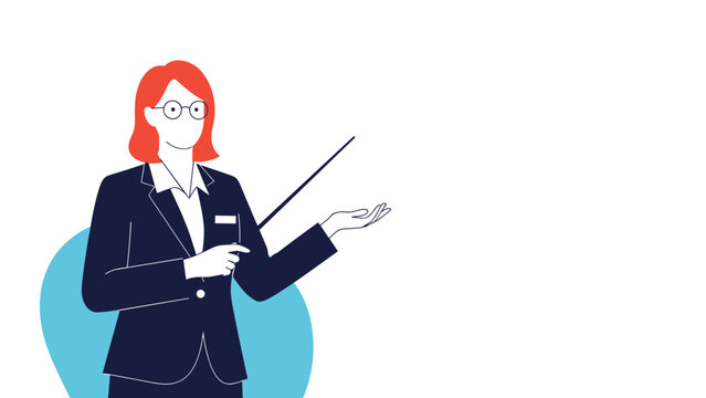 Professional female teacher or business presenter in a suit points to empty space while holding a long wooden stick.