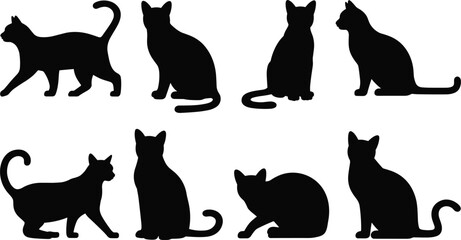 Cat silhouettes set, domestic feline poses sitting walking playing pet animals vector illustration isolated design © MdSayed