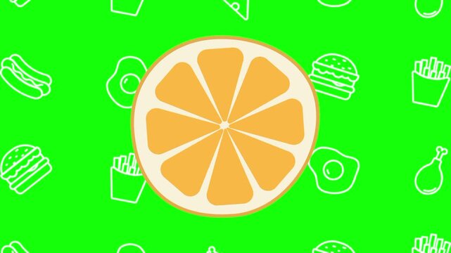 Orange half cut, fresh fruit sliced, animated cartoon vector with foodie icon background on green screen. food idea, healthy, citrus symbol. Popup animation template design element