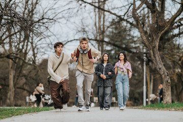 Fototapeta premium Four teenagers running and walking together on a park path, two boys leading and two girls following.