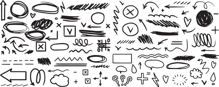 Collection of hand drawn scribbles arrows shapes and lines on white background